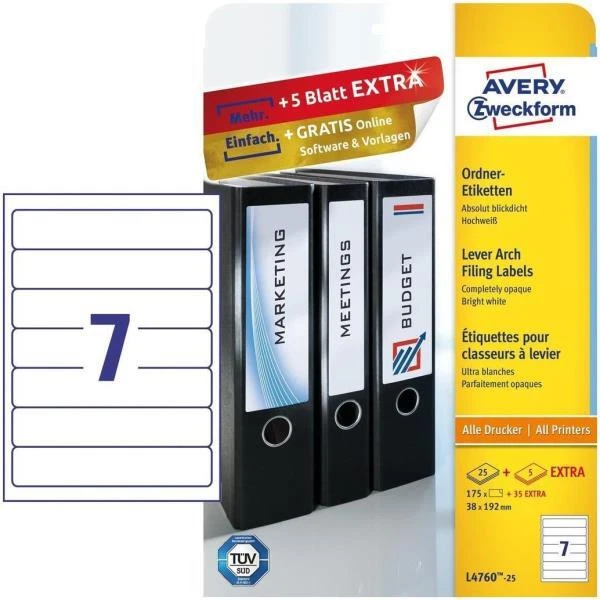 Etichette per raccoglitori Avery 192x38 mm bianco Laser 7 et./foglio Conf. 25 fo