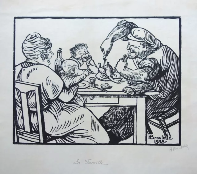Honoré BROUTELLE, woodcut, family, meals, bread, humor, popular