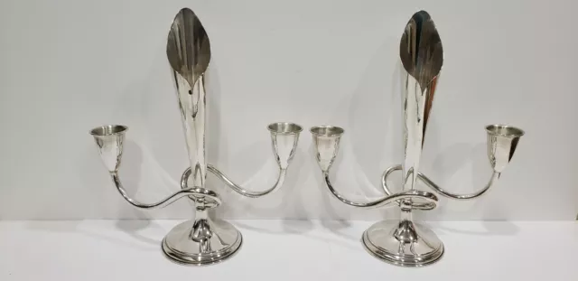 Pair of Mexican solid sterling two-arm candelabras with a bud vase at center