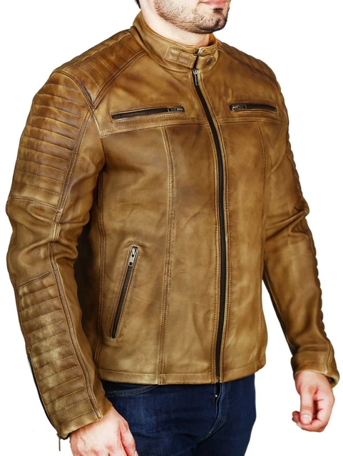 Mens Club Vintage Biker Cafe Racer Real Leather Jacket Slim Fit Retro Motorcycle