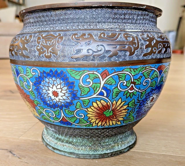 Antique Japanese Chinese Cloisonne Enamel Chrysanthemum Bronze Planter Vase