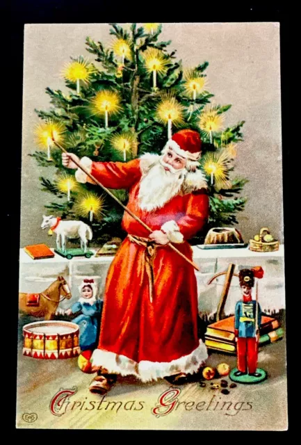 1910s Old World Toys Santa Claus LIGHTING Tree Antique Christmas Postcard German