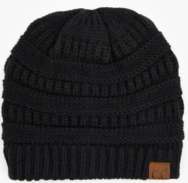 NWT C.C Women's Trendy Basic Chunky Soft Ribbed Cable Knit Black Cap Beanie Hat