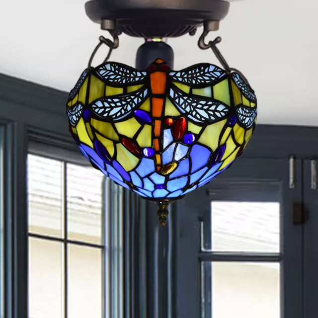 Tiffany 10 inch Antique Style Ceiling Lamp Blue Dragonfly Stained Glass Shade