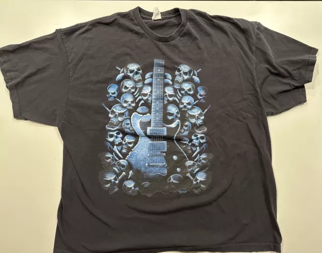 Vintage Liquid Blue Guitar And Skulls T-Shirt 3XL Faded Black Shirt