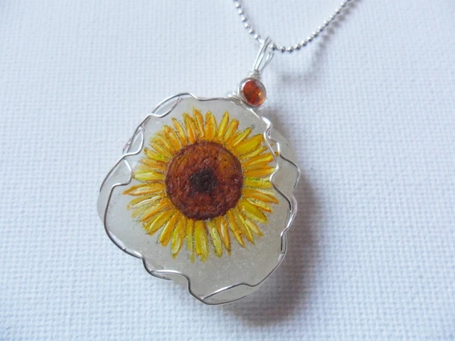 Sea glass Hand Painted FLOWER necklaces - Wildflowers gardening gift art floral
