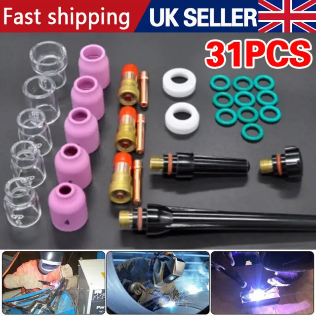 31Pcs TIG Welding Stubby Gas Lens #12 Glass Cup Kit For Tig WP-17/18/26 Torch