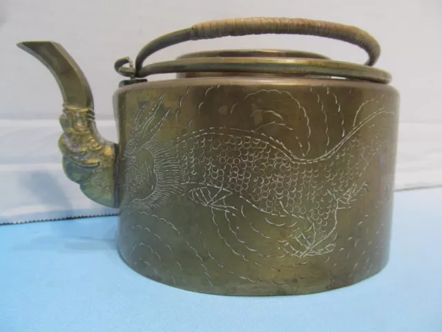 Vintage Ornate Brass Chinese Double Handle Teapot and Lid Etched