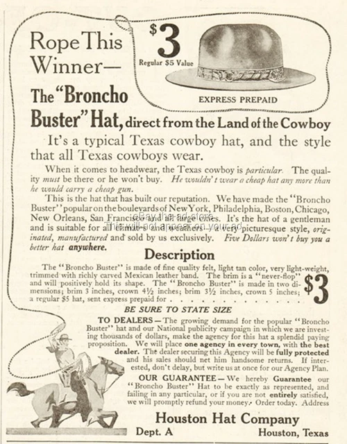 1910 Houston Hat Company Texas Broncho Buster Bronco Cowboy Hat Vintage Ad