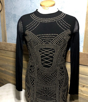 Haute Monde Black Gold Studded Stretch Dress Womens Size L New Without Tags