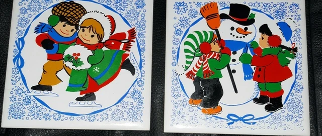 Vintage Jasco Christmas Holiday 4"  Ceramic Tile Trivet 2pc Set Girl Boy Snowman