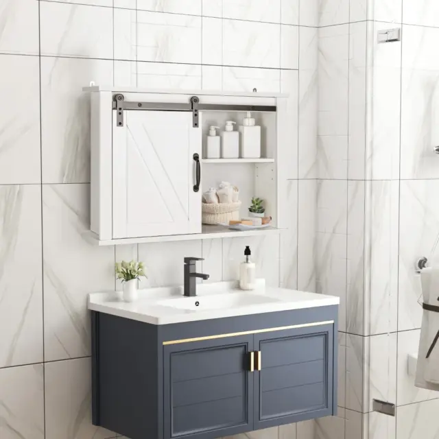 NNECW 3-Tier Modern Wall Storage Cabinet with Sliding Barn Door for Bathroom/Kit