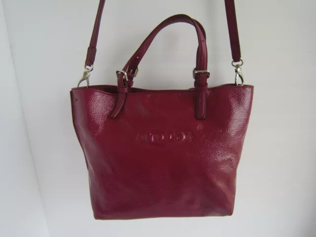 Tods Logo Media Shopper Tote  Purple /Burgundy Soft Patent Leather Small Handbag