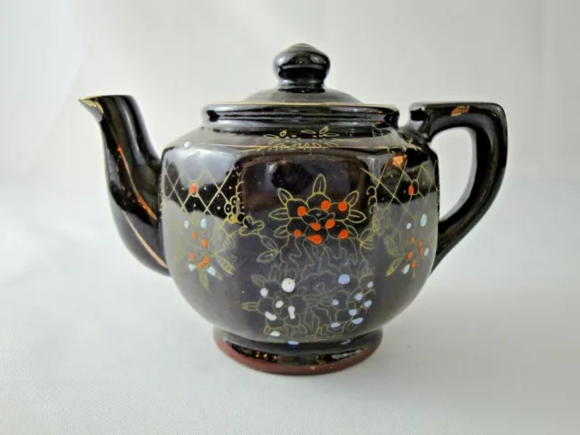 Vintage Japan Teapot Brown Glazed China Ceramic Hand Painted Flowers Gold Trim