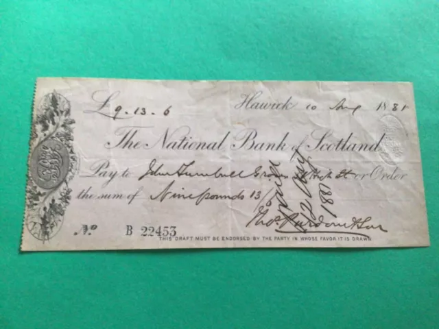 The National Bank of Scotland Hawick  1881 Cheque  A12073