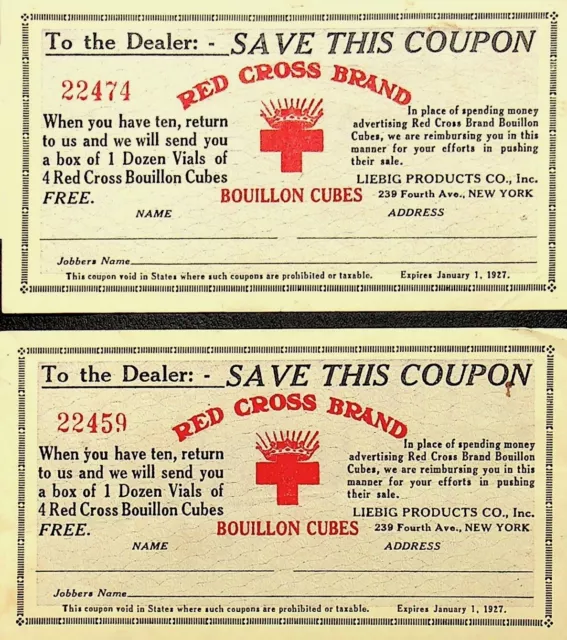 Two 1927 Red Cross Brand Bouillon Cubes Coupons - Dd-45