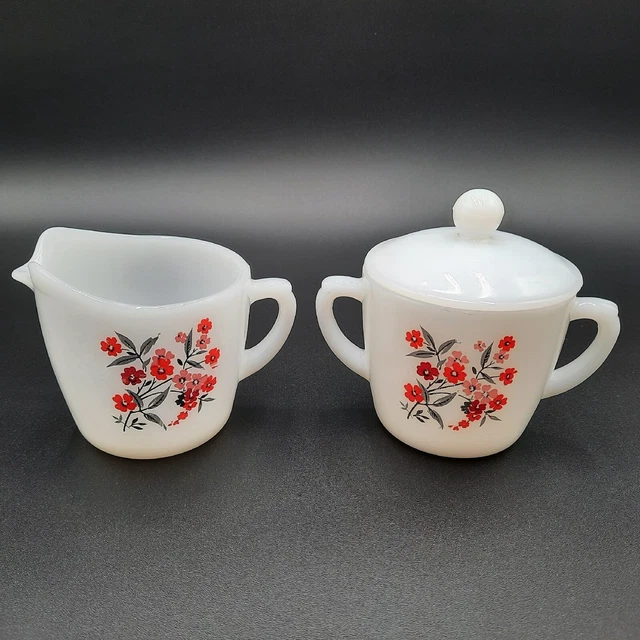 Vintage Fire King Oven Ware Milk Glass Primrose Creamer and Lidded Sugar