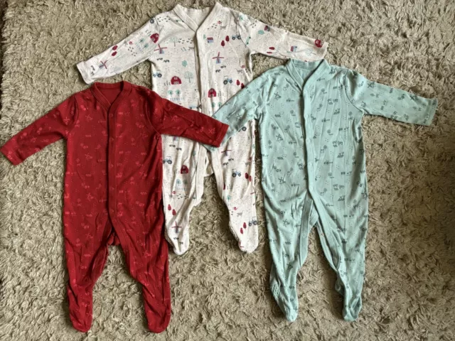 3x Sleepsuits/Babygrow Bundle Baby 6-9 Months Tu Farm Boy Girl Red Green Beige