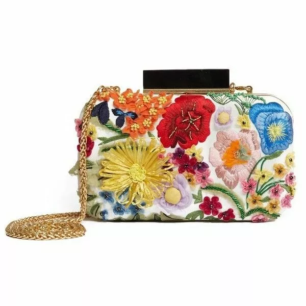 Alice + Olivia shirley floral box clutch purse bag with gold shoulder chain