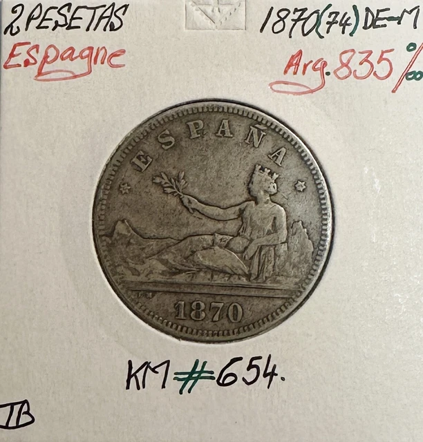ESPAGNE - 2 PESETAS 1870(74) DE-M - Pièce de Monnaie en Argent / Qualité : TB