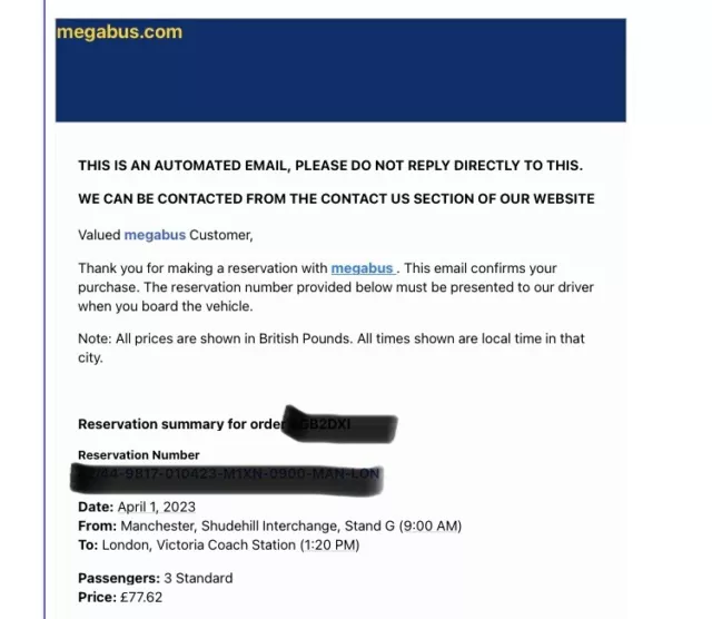 Megabus Tickets: 31/03/2023. Manchester to London. 9:00am =  1:20pm