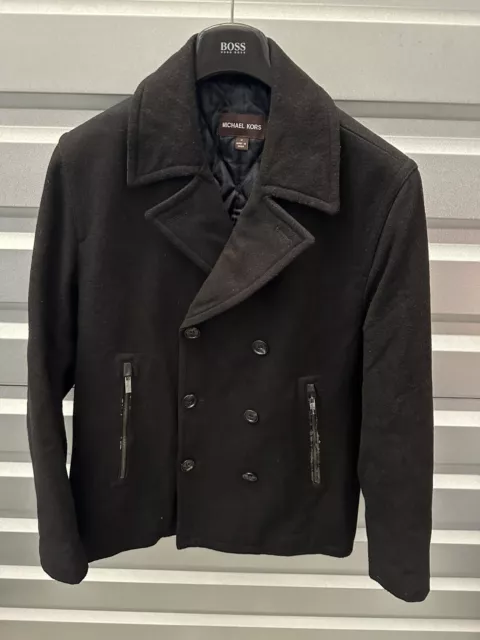 Michael Kors Mens Double-breasted Black Wool-blend Coat Size Medium Business