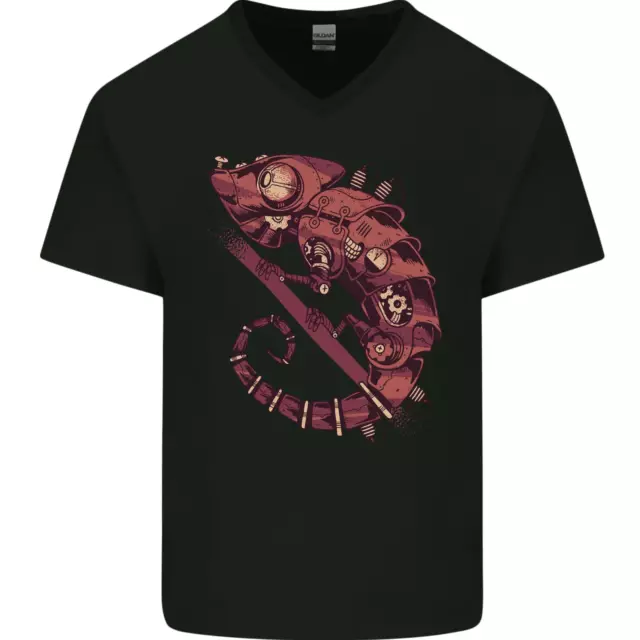 Steampunk Camaleon Iguana Reptiles Lagarto Hombre Cuello En V Algodón Camiseta