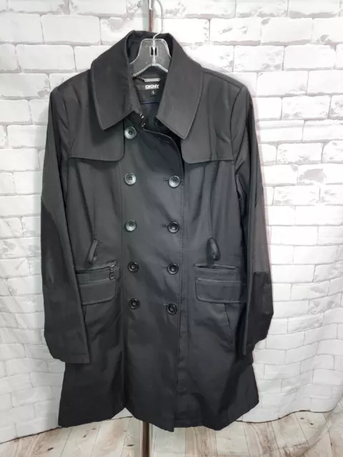 DKNY Womens Black Double Breasted Black Knee Length Trench Coat Lined  Size L