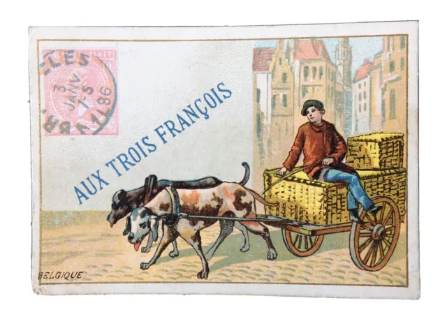 1800’s Victorian Trade Card Dogs Pulling Cart Wagon And Boy 4 X 2 1/2” B42