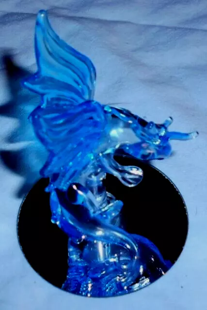 Dragon Blue & Crystal Blown Glass Figurine Hissing Serpent on Mirror Platform