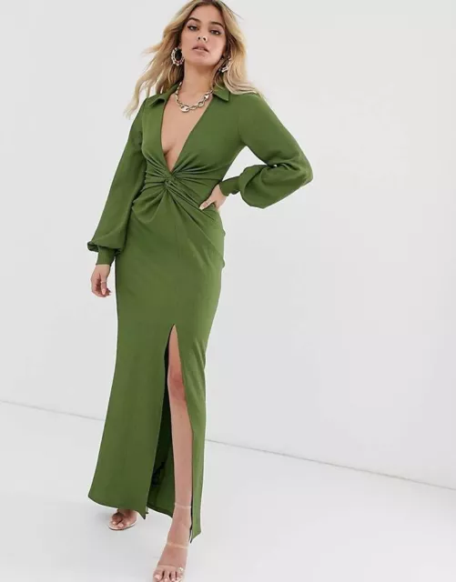 ASOS DESIGN Women's size 2 Long Sleeve maxi dress knot detail Green deep vneck