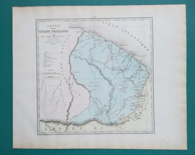 FRENCH GUIANA South America - 1873 SUPERB Intaglio Map 14 x 17" 36 x 43 cm