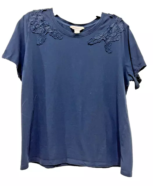 Liz Claiborne Embroidered Navy Blue Cotton Short Sleeve Tee Shirt Women's Sz XL