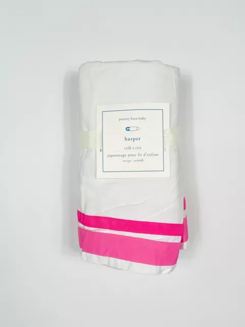 NEW Pottery Barn Baby Harper Crib Skirt White with Bright Pink 16" Drop