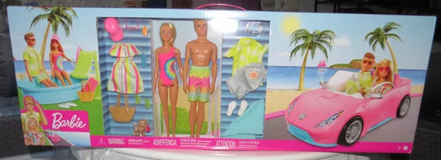 Barbie et Ken coffret voiture décapotable, piscine avec toboggan, 2 poupées  en maillot de bain, tenues et accessoires inclus, jouet pour enfant, GJB71
