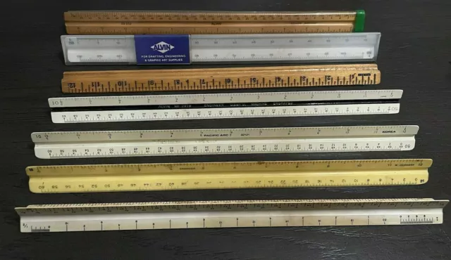 Vintage Lot of 7 Triangular Architect Drafting Scale Rulers Engineering