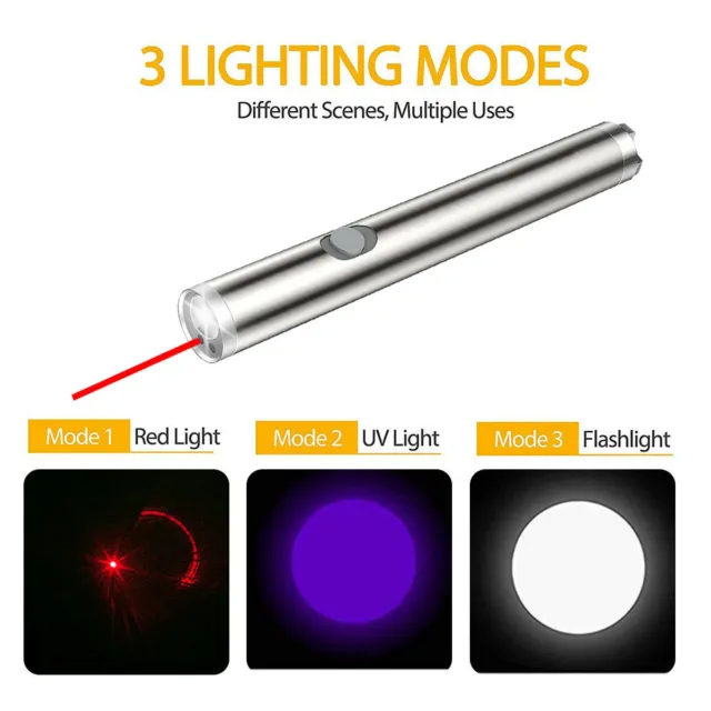 3in1 Red Laser Pointer Pen Lazer Led Light Torch UV Flashlight Cat Dog Pet Toy