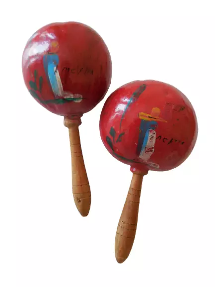 Vintage Red Handpainted Wood Maracas Matching Shakers Artwork Mexican Mexico Men