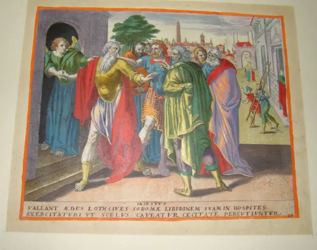 Gerard de Jode, planche en couleur de 1585, estampe Religieuse Rehaussée D'or