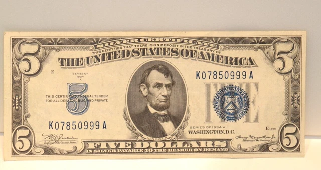 1934 A US $5 Silver Certificate AU K07850999A