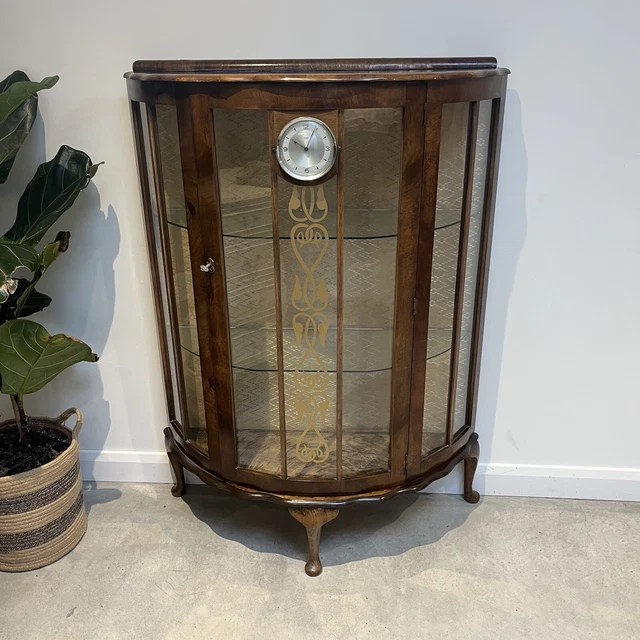 Vintage Glass And Walnut Drinks Display. Cabinet. English, Circa 1940