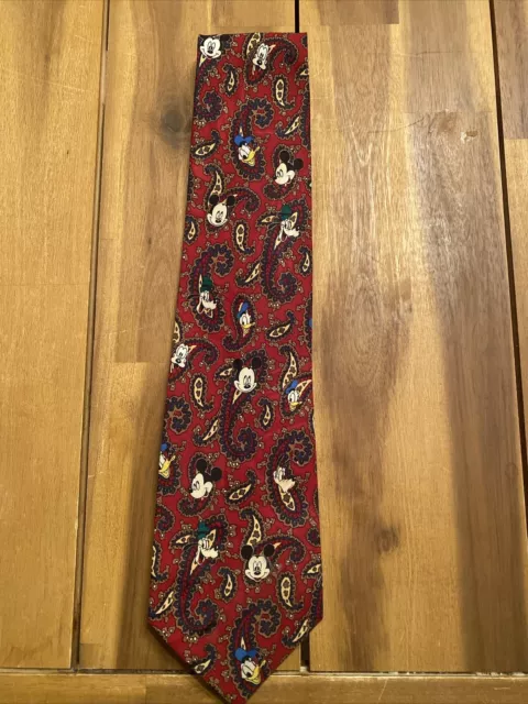 Vintage Disney Mickey Mouse Red Gold Paisley Retro Neck Tie Mens Kitschy