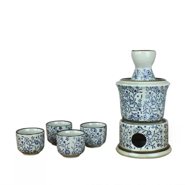 6 Piece Japanese Style Sake Set 1 Sake Bottle + 1 Candle Warming Base + 4 Cups