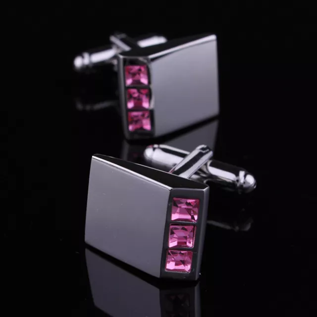 Stainless Steel Silver Mens Diamante aside Rectangle Shirt Wedding Cufflinks