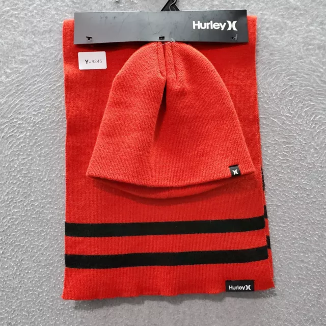 Hurley Men Hat One Size Red Striped New Yorker Beanie Scarf 2 Piece Set NWT