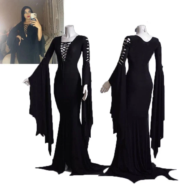 Costume Morticia Addams Cosplay Femme - Robe Gothique Longue, Perruque Incluse - Pour Halloween, Soirée Déguisée