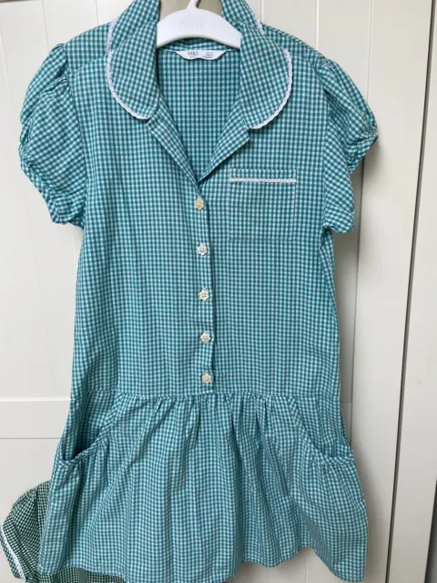 2 x M&S Girls Green Gingham School Summer Dress with Pockets 100% Cotton Age 8-9