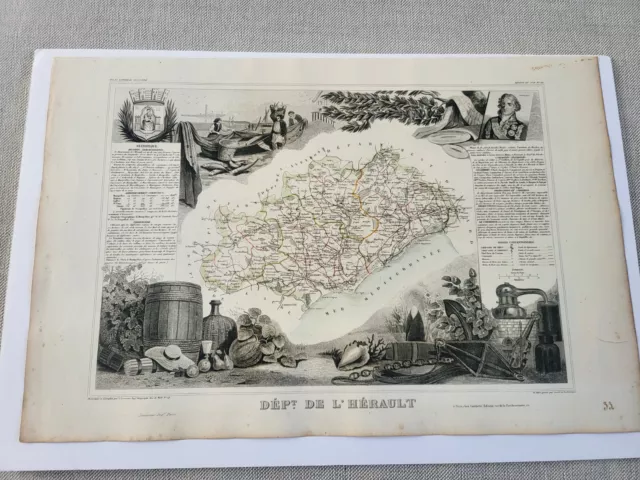 Circa 1852 Levasseur Map of the Department de L'Herault, France. Hand colored