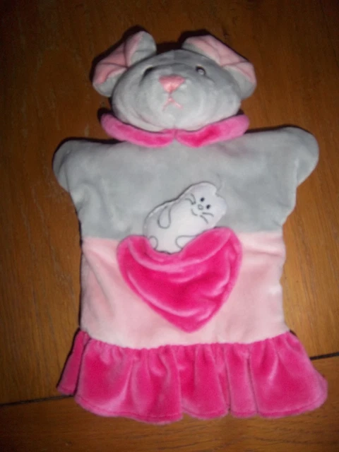 Doudou Ajena Nounours Marionnette Souris Rose Grise  Coeur