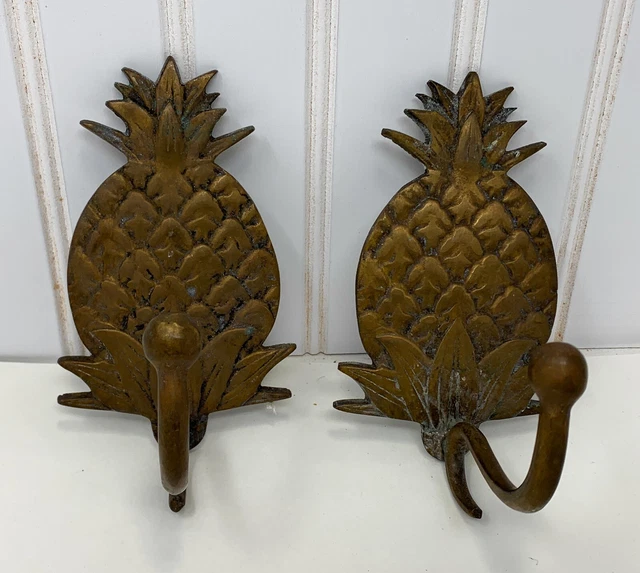 Pair of Vintage Solid Brass Pineapple Wall Mount Coat Hooks 6"